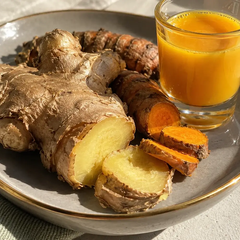 KI-generiertes Symbolbild: Veganer scharfer Ingwer-Kurkuma-Shot