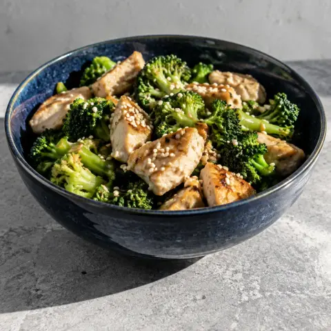KI-generiertes Symbolbild: Rezept für Schnelle Hähnchen-Brokkoli-Bowl mit Sesam