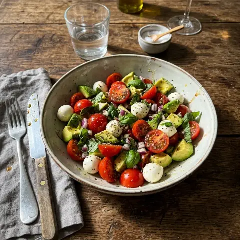 KI-generiertes Symbolbild: Rezept für Schneller Tomaten-Avocado-Salat mit Mozzarella