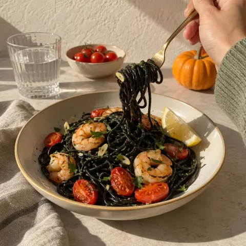 KI-generiertes Symbolbild: Rezept für Schwarze Halloween-Spaghetti mit Garnelen und Kirschtomaten