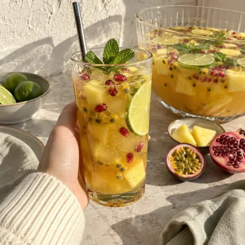 KI-generiertes Symbolbild: Säfte und Vegan Rezept für Silvester-Bowle ohne Alkohol mit Ananas, Maracuja und Limette