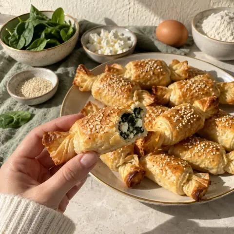 KI-generiertes Symbolbild: Snacks und Familienfreundlich Rezept für Silvester-Knallbonbons aus Quark-Öl-Teig mit Spinat und Feta