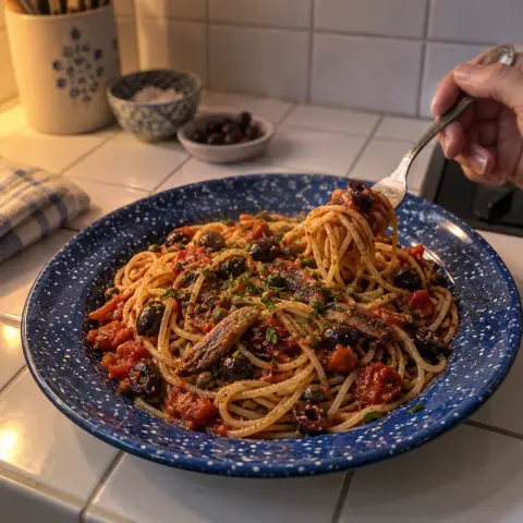 KI-generiertes Symbolbild: Abendessen und Pescatarisch Rezept für Spaghetti Puttanesca