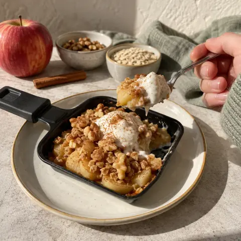 KI-generiertes Symbolbild: Desserts und Familienfreundlich Rezept für Süße Raclette-Pfännchen mit Apfel, Zimt und Walnüssen