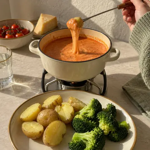 KI-generiertes Symbolbild: Abendessen und Familienfreundlich Rezept für Tomaten-Käsefondue ohne Alkohol mit Gruyère und Pellkartoffeln
