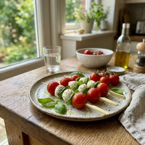 KI-generiertes Symbolbild: Rezept für Tomaten-Mozzarella-Spieße