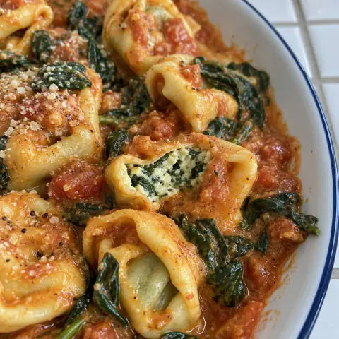 KI-generiertes Symbolbild: Rezept für Tortellini in Tomaten-Spinat-Soße