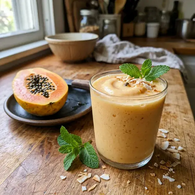 KI-generiertes Symbolbild: Veganer tropischer Papaya-Kokos-Smoothie