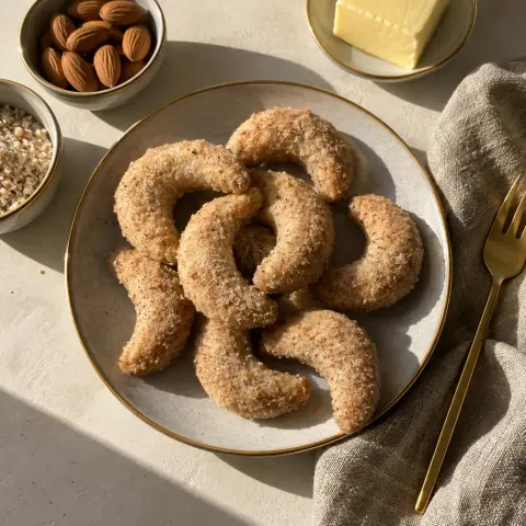 KI-generiertes Symbolbild: Desserts und Familienfreundlich Rezept für Vanillekipferl aus dem Airfryer mit Mandeln und Ahornsirup