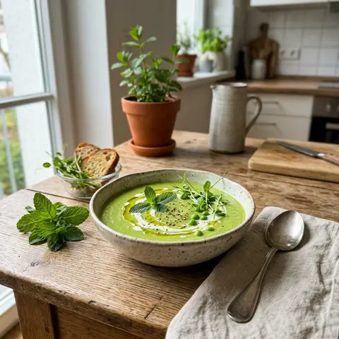 KI-generiertes Symbolbild: Eisen und Magnesium Rezept für Vegane cremige Erbsen-Minz-Suppe mit Cashewnüssen