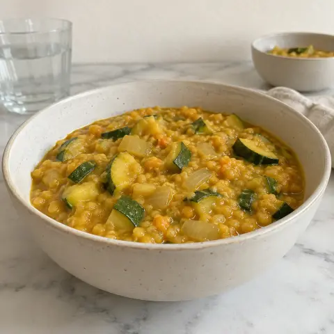 KI-generiertes Symbolbild: Calcium und Mittagessen Rezept für Veganes cremiges Kokos-Linsen-Dal mit buntem Gemüse