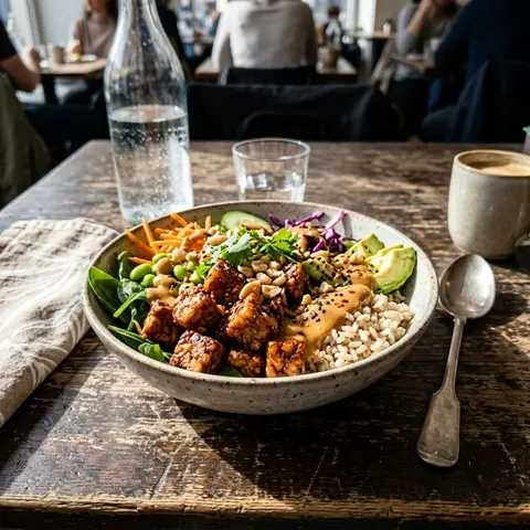 KI-generiertes Symbolbild: Magnesium und Zink Rezept für Vegane Erdnuss-Tempeh-Bowl