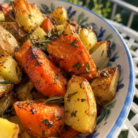 KI-generiertes Symbolbild: Rezept für Veganes Ofengemüse mit Kartoffeln und Kräuter-Öl