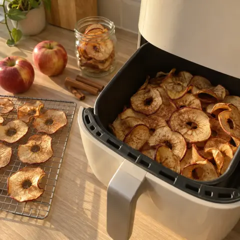 KI-generiertes Symbolbild: Basisch und Clean Eating Rezept für Vegane Apfelchips aus dem Airfryer mit Zimt