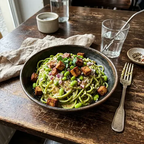 KI-generiertes Symbolbild: Magnesium und Zink Rezept für Vegane Edamame-Carbonara mit Räuchertofu