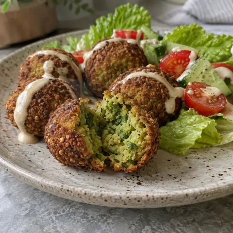 KI-generiertes Symbolbild: Omega-3 & Gemüse und Basisch Rezept für Vegane Falafel aus dem Airfryer mit Tahin-Zitronen-Soße
