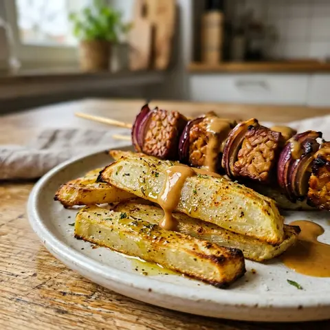 KI-generiertes Symbolbild: Mittagessen und Abendessen Rezept für Vegane Kohlrabi-Pommes mit Tempeh-Spießen