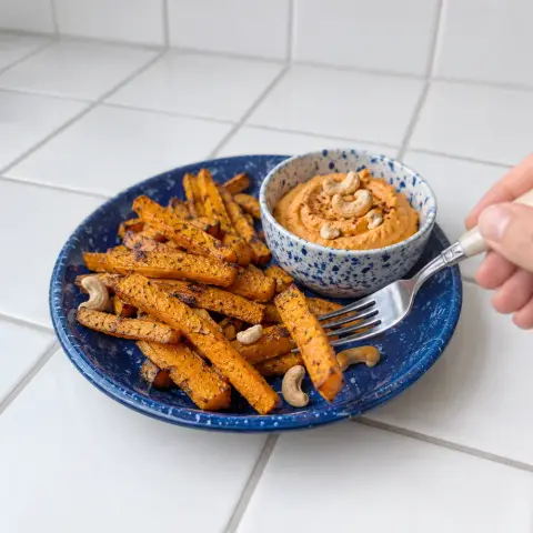 KI-generiertes Symbolbild: Rezept für Vegane Kürbis-Pommes aus dem Ofen mit Paprika-Cashew-Dip