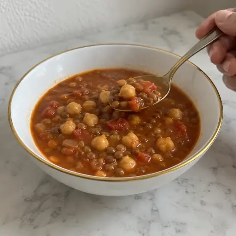 KI-generiertes Symbolbild: Omega-3 & Gemüse und Basisch Rezept für Vegane marokkanische Harira-Suppe mit Linsen und Kichererbsen