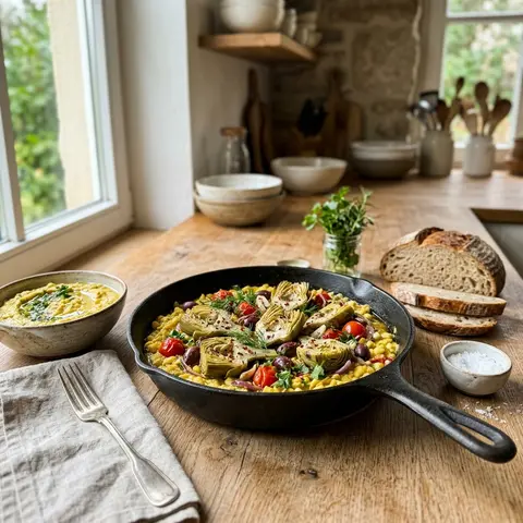 KI-generiertes Symbolbild: Eisen und Magnesium Rezept für Vegane mediterrane Artischocken-Fava-Pfanne