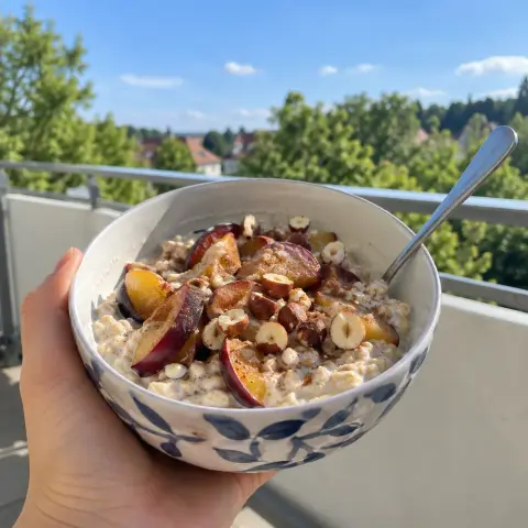KI-generiertes Symbolbild: Rezept für Vegane Pflaumen-Overnight-Oats mit Zimt und Haselnüssen