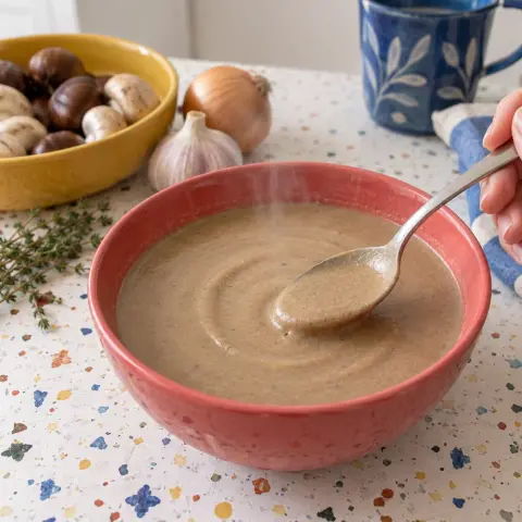 KI-generiertes Symbolbild: Rezept für Vegane Pilz-Maronen-Suppe mit Thymian