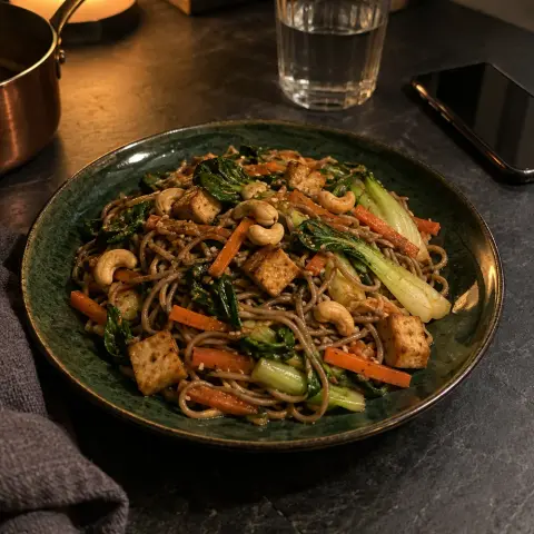 KI-generiertes Symbolbild: Rezept für Vegane Soba-Nudelpfanne mit Tofu, Pak Choi und Cashews