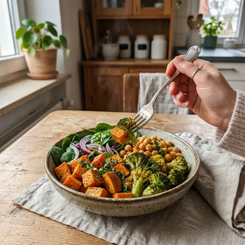 KI-generiertes Symbolbild: Rezept für Vegane Süßkartoffel-Kichererbsen-Bowl mit Brokkoli
