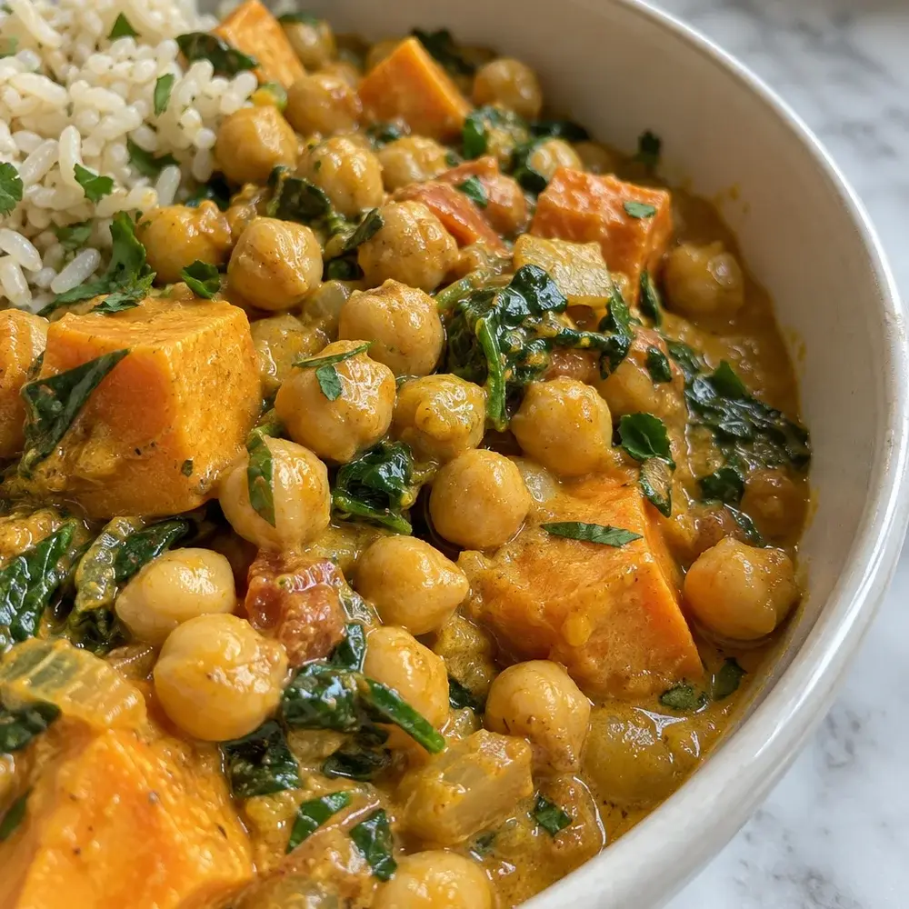 KI-generiertes Symbolbild: Veganes Süßkartoffel-Kichererbsen-Curry-Bowl