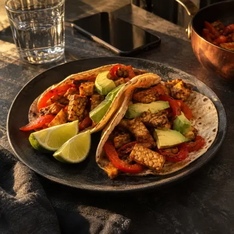KI-generiertes Symbolbild: Rezept für Vegane Tempeh-Paprika-Fajitas