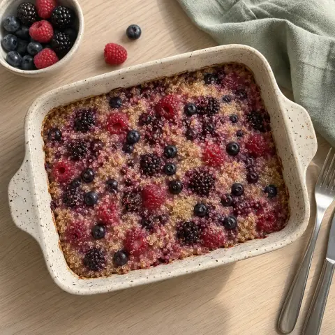 KI-generiertes Symbolbild: Rezept für Veganer Beeren-Quinoa-Auflauf