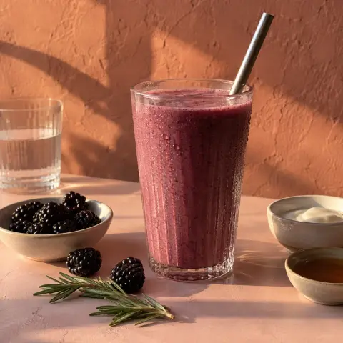 KI-generiertes Symbolbild: Rezept für Veganer Brombeer-Rosmarin-Smoothie
