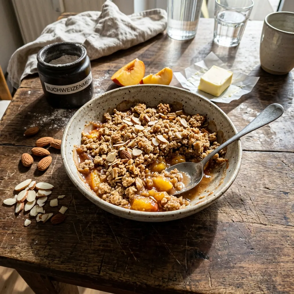 KI-generiertes Symbolbild: Veganer Buchweizen-Crumble mit Pfirsich