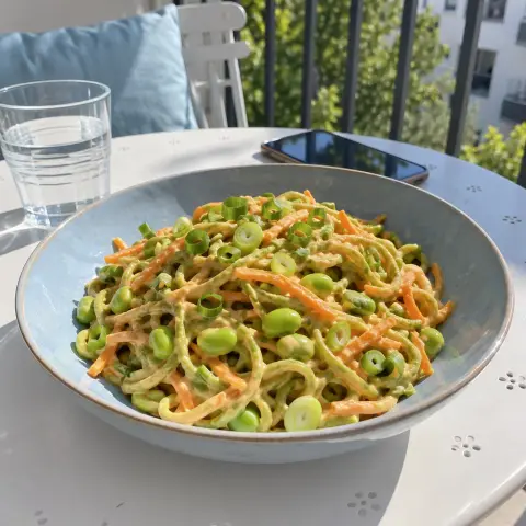 KI-generiertes Symbolbild: Rezept für Veganer cremiger Edamame-Nudelsalat