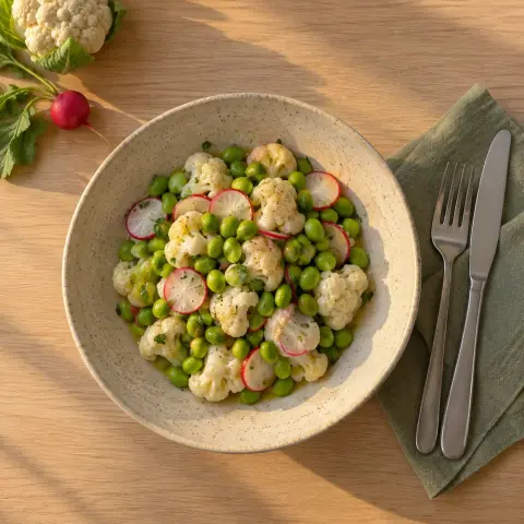 KI-generiertes Symbolbild: Rezept für Veganer Edamame-Blumenkohl-Salat