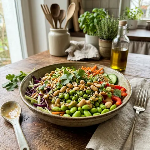KI-generiertes Symbolbild: Eisen und Magnesium Rezept für Veganer Edamame-Salat mit Erdnuss