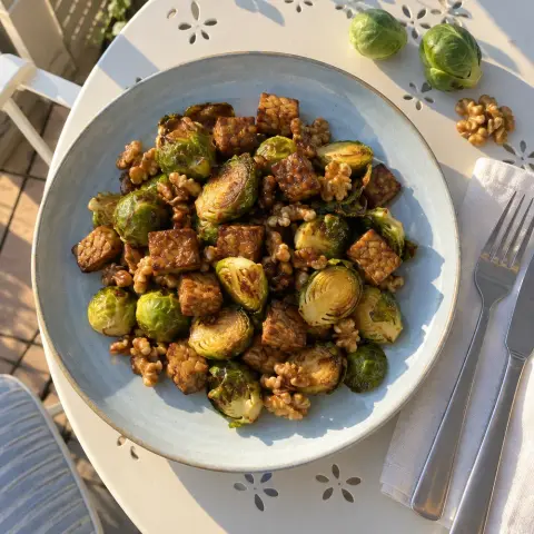 KI-generiertes Symbolbild: Eisen und Vitamin C Rezept für Veganer gebackener Rosenkohl mit Tempeh