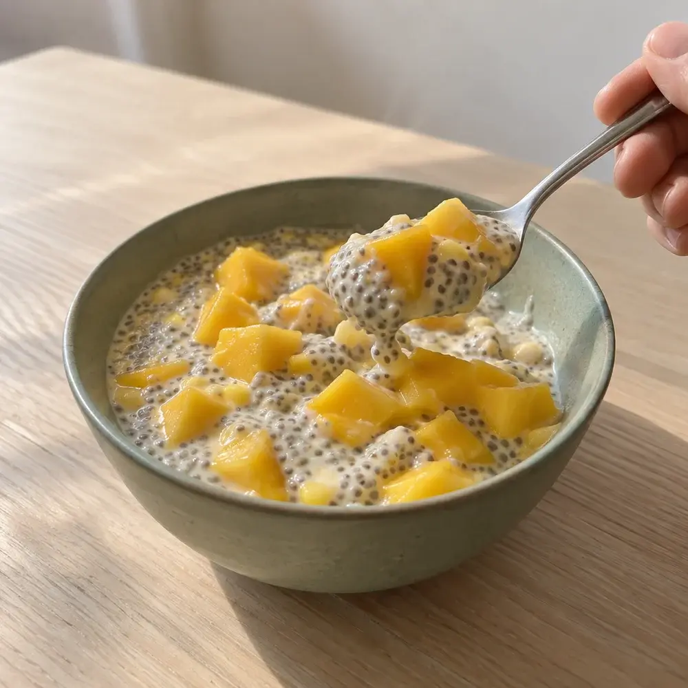 KI-generiertes Symbolbild: Veganer Mango-Kokos-Chia-Pudding