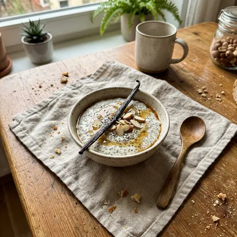 KI-generiertes Symbolbild: Rezept für Veganer Vanille-Chia-Pudding