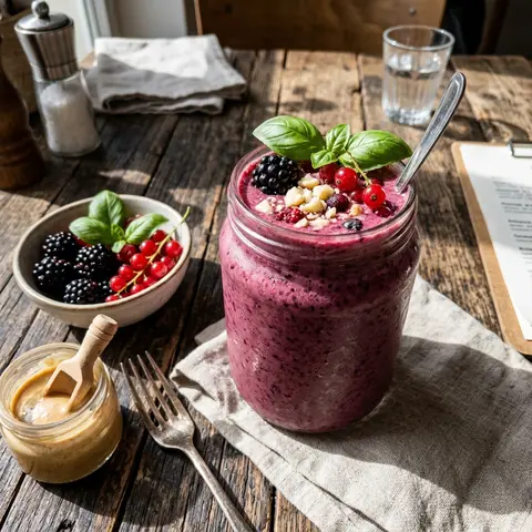 KI-generiertes Symbolbild: Rezept für Veganer Waldbeeren-Basilikum-Drink