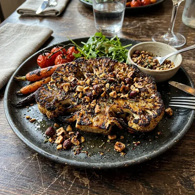 KI-generiertes Symbolbild: Veganes Blumenkohl-Steak mit Haselnusskruste