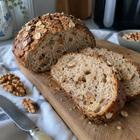 KI-generiertes Symbolbild: Omega-3 & Gemüse und Blue-Zones-Prinzip Rezept für Veganes Dinkel-Walnussbrot aus dem Airfryer