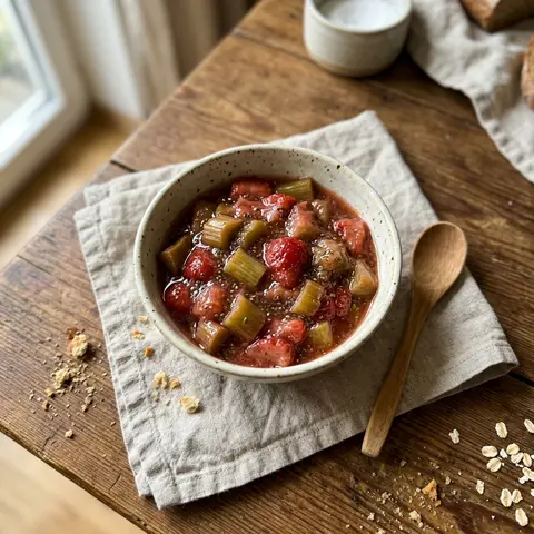KI-generiertes Symbolbild: Vegan und Vegetarisch Rezept für Veganes Erdbeer-Rhabarber-Kompott