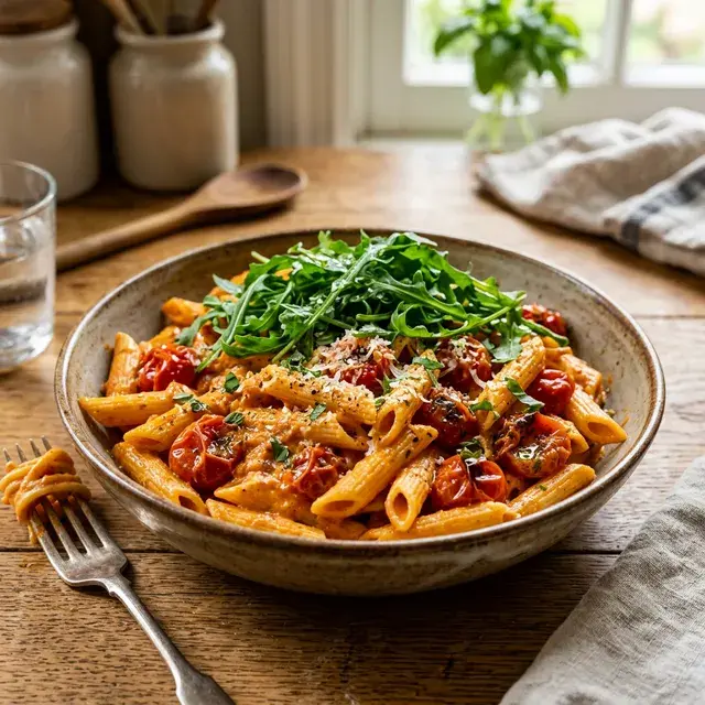 KI-generiertes Symbolbild: Vegetarische cremige Tomaten-Mascarpone-Pasta mit Rucola