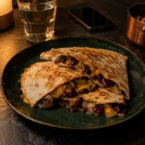 KI-generiertes Symbolbild: Rezept für Vegetarische Airfryer-Quesadillas mit Pilzen, Bohnen und Cheddar