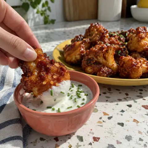 KI-generiertes Symbolbild: Ballaststoffe & Vielfalt und Viele Pflanzenstoffe Rezept für Vegetarische Blumenkohl-Wings aus dem Airfryer mit Honig-Chili-Glasur