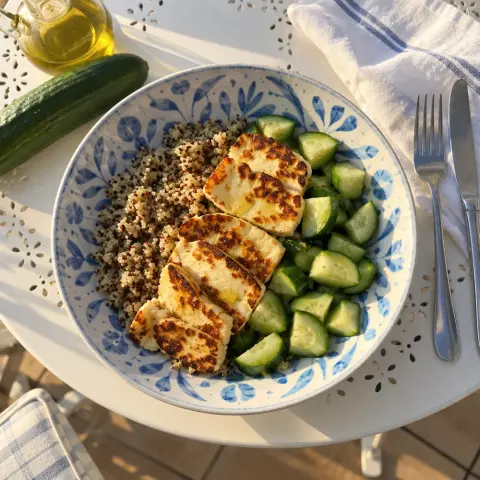 KI-generiertes Symbolbild: Rezept für Vegetarische Halloumi-Quinoa-Bowl
