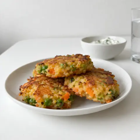 KI-generiertes Symbolbild: Rezept für Vegetarische Hirse-Gemüse-Taler für die Brotdose mit Erbsen und Käse