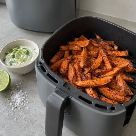 KI-generiertes Symbolbild: Basisch und Viele Pflanzenstoffe Rezept für Vegetarische Süßkartoffel-Pommes aus dem Airfryer mit Skyr-Dip
