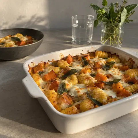 KI-generiertes Symbolbild: Rezept für Vegetarischer Kürbis-Gnocchi-Auflauf mit Salbei und Mozzarella